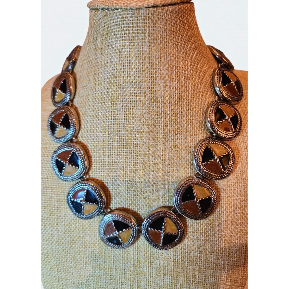 Vintage Silver Tone Enamel Necklace Chunky Disc Black Brown Southwestern Toggle